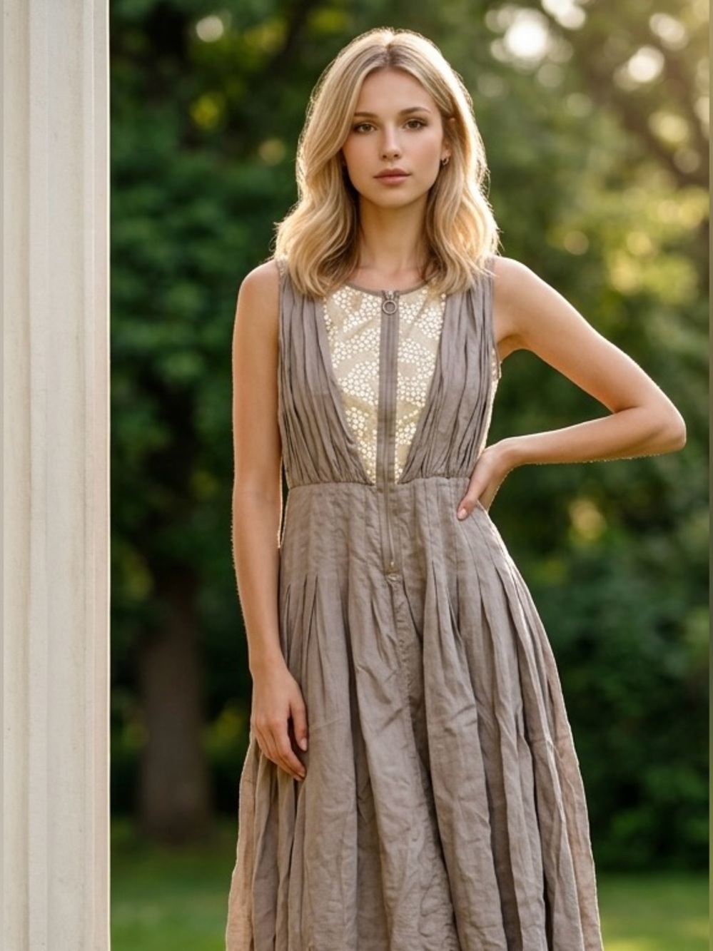 MANEQ BoHo Taupe Sleeveless  Satiny Cotton Midi Dress Lace Bodice - S